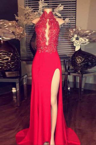 red prom dress high neck