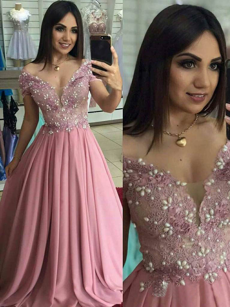 Off the Shoulder Dusty Rose Long Prom Dresses Pearl Lace Formal Dress ...