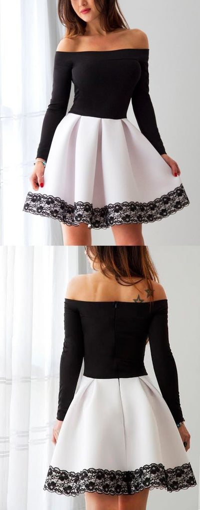 Long Sleeve White and Black A Line Short Prom Dress,Cheap Homecoming ...