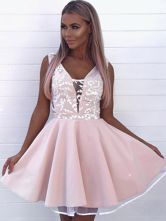 Pink Appliqued A Line Dresses V Neck Short Hoco Dress OKO9