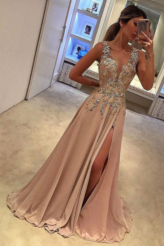 Sexy V Neck Split Sideappliques A Line Long Prom Dress Okdresses 5685