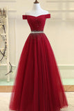 Burgundy A Line Off the Shoulder Beads Long Prom Dress OKI52