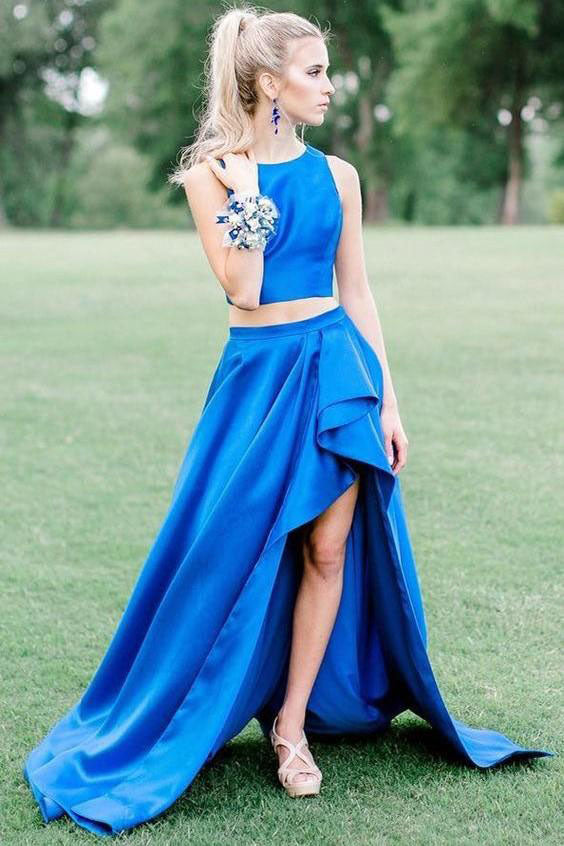 Two Pieces Royal Blue High Low Simple Prom Dresses OKH94 – Okdresses