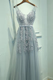 Gray Tulle Long V-neck Evening Dresses, A Line Applique Prom Dress OKP166