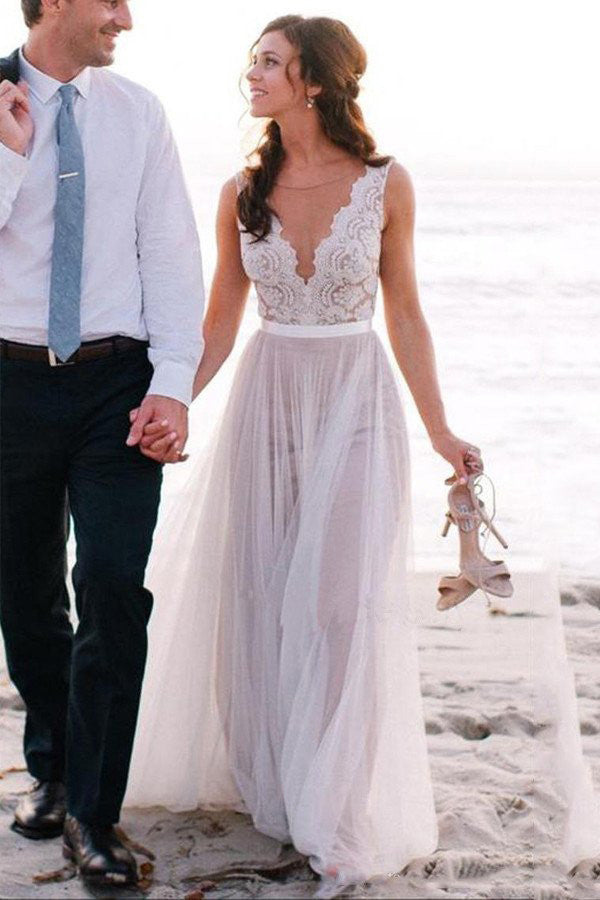 Elegant Beach Coast Wedding Dresses,Lace A Line Tulle Bridal Dresses