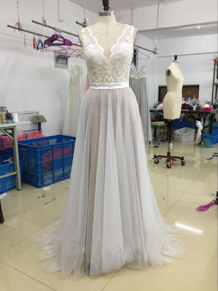 Elegant Beach Coast Wedding Dresses Lace A Line Tulle Bridal Dresses Okdresses