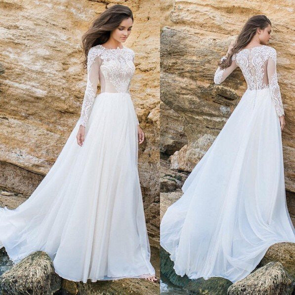 Lace Chiffon ALine Simple Long Sleeves Beach Wedding Dresses Plus Size ...