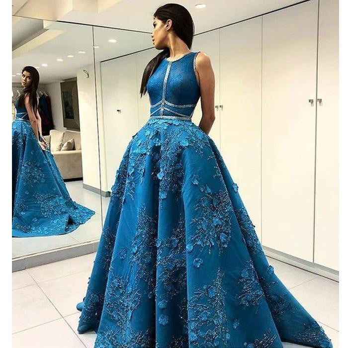 Unique Applique Formal A Line Blue Long Cheap Prom Dresses OKF96 ...