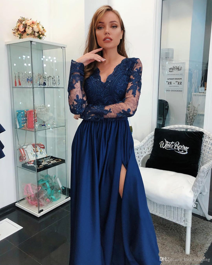 A Line Long Sleeves V Neck Dark Blue Prom Dresses With Appliques OKI67 ...