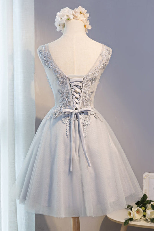 A Line Lace Appliques Short Gray V Neck Homecoming Dresses OKD1 – Okdresses