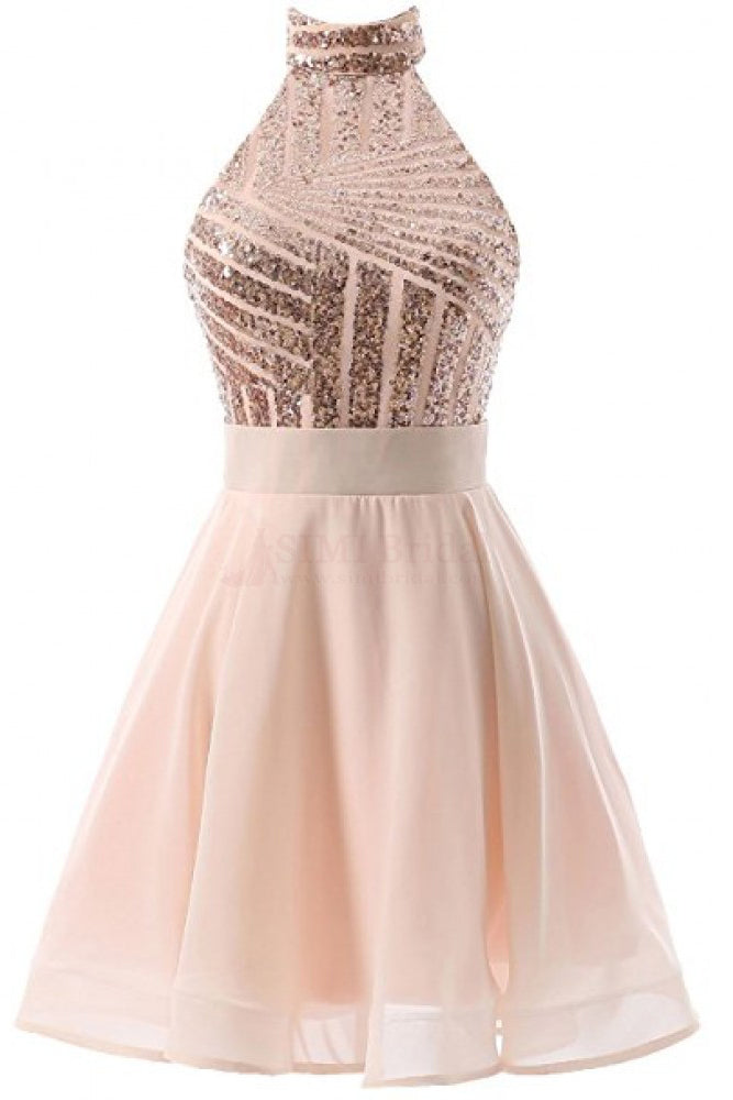 Halter Sequins Short Prom Dresses,Backless Mini Homecoming Dresses ...