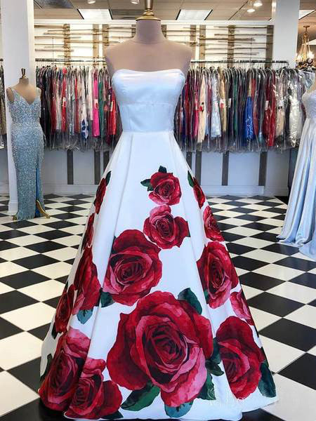 Rose Red Floral Long Prom Dresses with Pockets Strapless Evening Gown ...