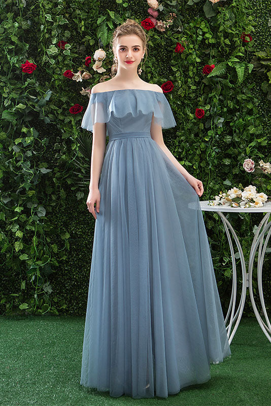 A Line Chiffon Blue Off The Shoulder Prom Dress Long Ruffles Bridesmaid Dresses Okq79 Okdresses