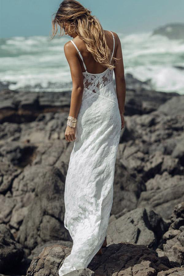 Summer Long Sheath Spaghetti Straps Lace Backless Beach Wedding Dress ...