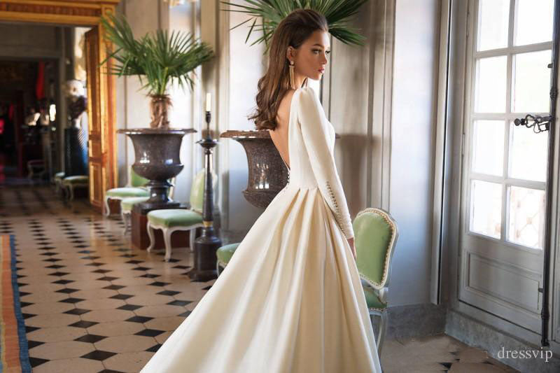 Simple Ivory Long Sleeves Satin A Line Wedding Dress OKG43 – Okdresses