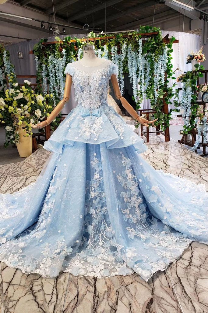 Princess Light Sky Blue Prom Dress with Flowers, Ball Gown Quinceanera ...