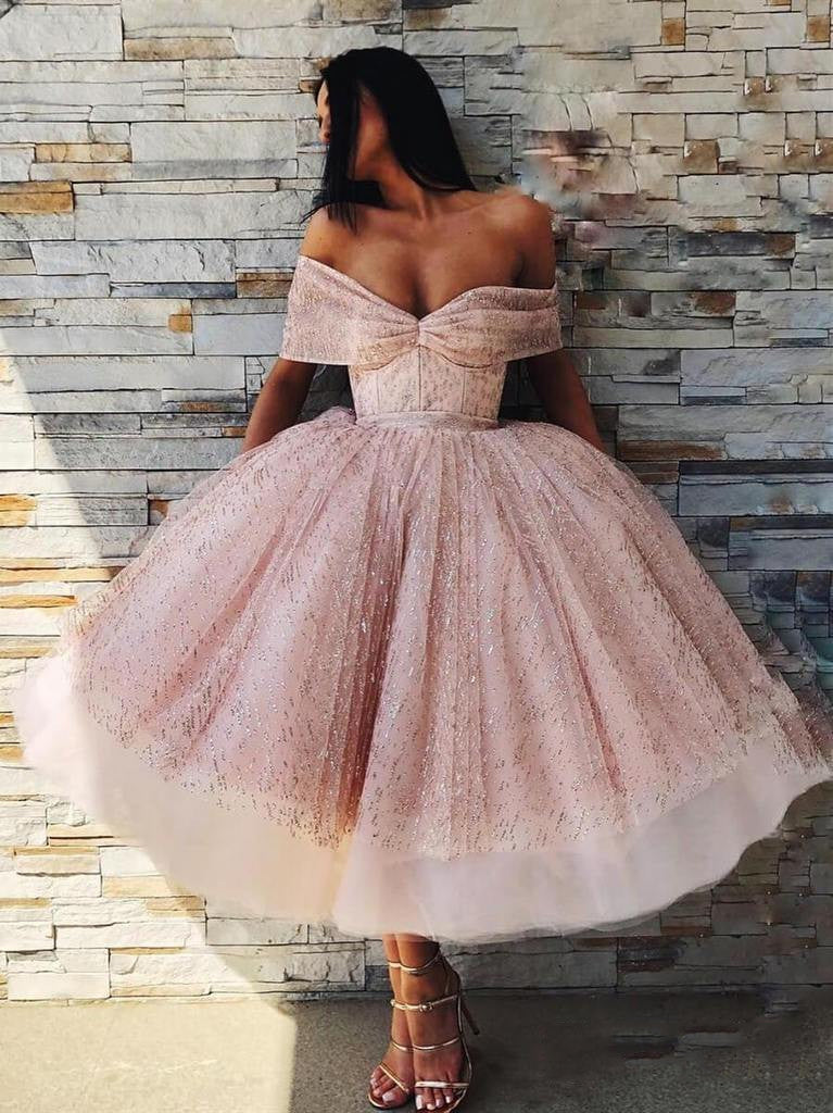 Off The Shoulder Sparkly Pink Tea Length Ball Gown Prom Dresses Oki5 Okdresses 