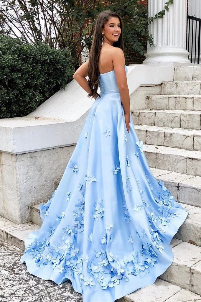 Sweetheart Sky Blue Long Satin Cheap Prom Dresses with 3D Floral