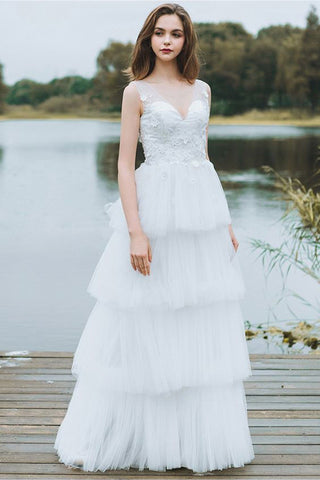 Unique Tiered Tulle Low Back V Beck Boho Beach Wedding Dress With