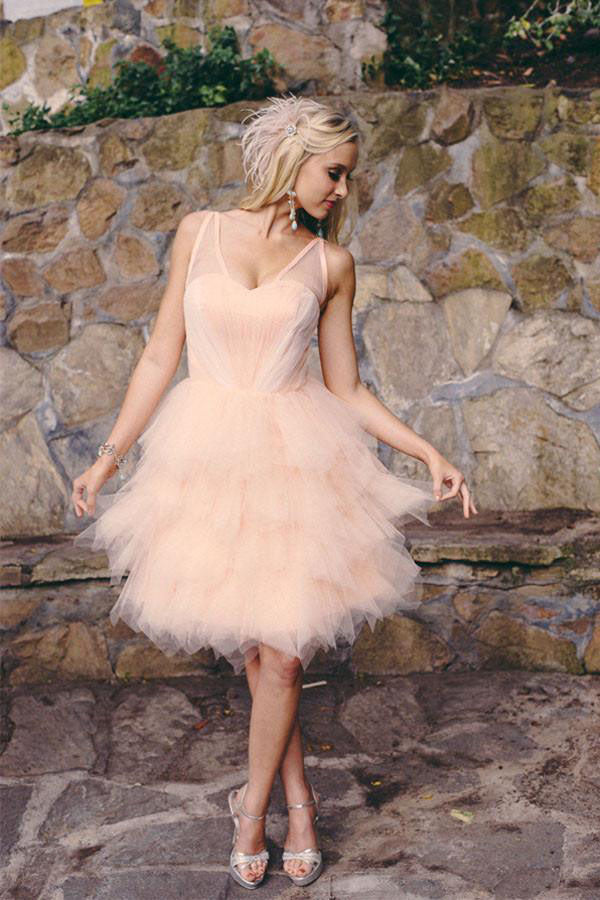 Knee Length Blush Colored Layered Tulle Short Ruffles Wedding Dresses