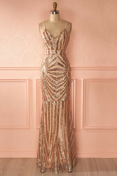 Mermaid Spaghetti Straps Rose Gold Long Sexy Prom Dress With Sequins Okd75 Okdresses 0579