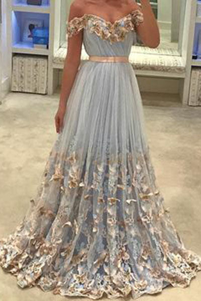 Light Blue Tulle Off Shoulder Evening Gowns A Line Applique Prom Dress Okdresses 