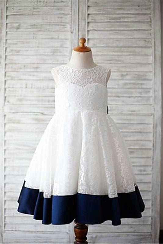 A-line Scoop Sleeveless Bowknot Lace Flower Girl Dress With Navy Sash ...