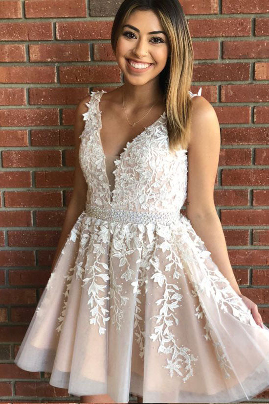 Princess V Neck Short A Line Lace Homecoming Dress,Graduation Dresses ...