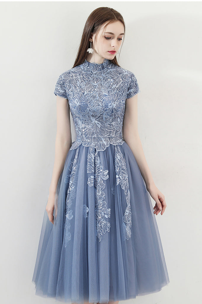 Blue A Line Tulle Cap Sleeves High Neck Homecoming Dresses With Lace A ...