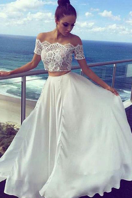 White Two Pieces Off The Shoulder Long Lace Cheap Prom Dresses – Okdresses