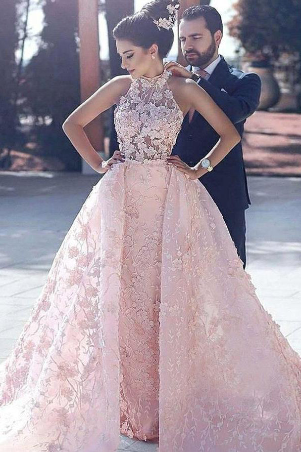 Wonderbaar Luxury Pink Lace Wedding Dress Halter Embroidery Slleveless Prom LQ-62