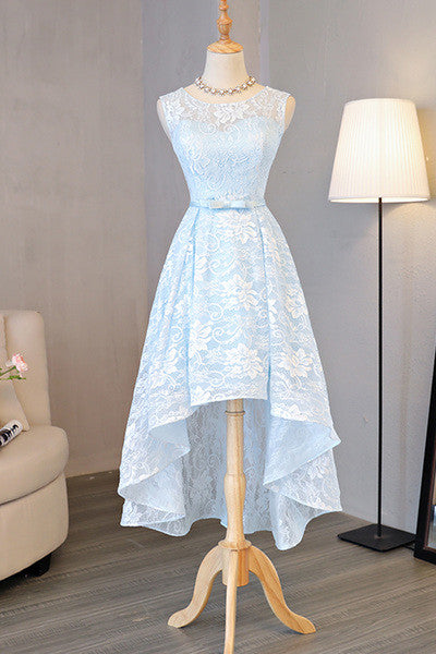 Light Blue Lace Round Neck High Low 