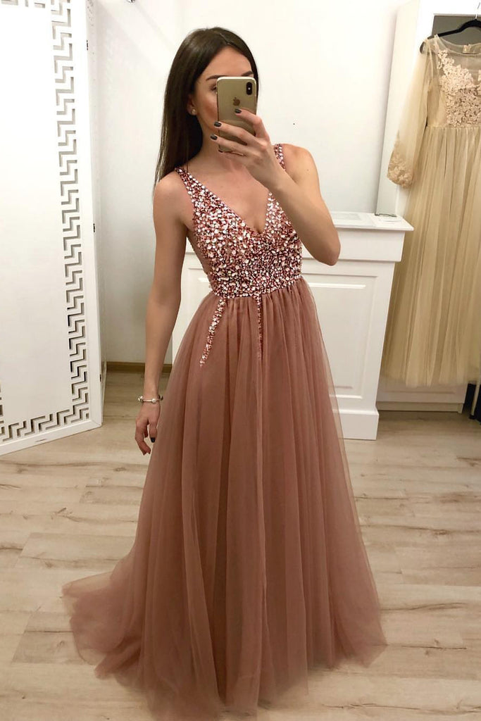 a line beaded prom dress