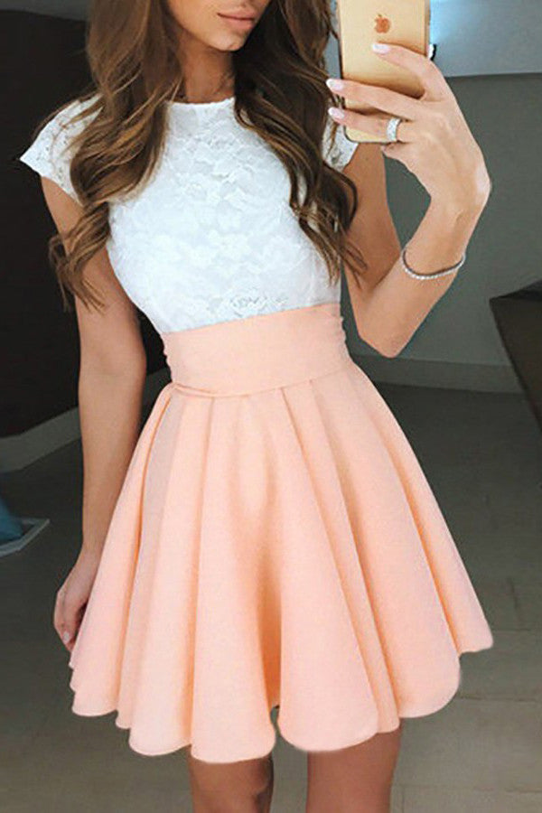 A-Line Pearl Pink Short Chiffon Homecoming/Prom Dress with White Lace ...