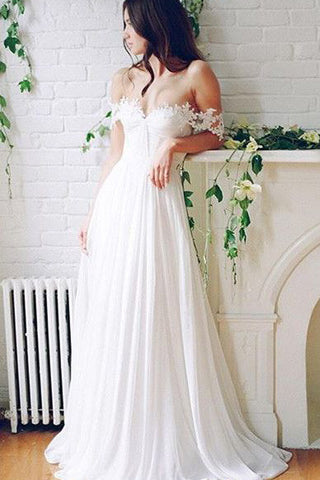 A Line Lace Beach Wedding Dresses Simple White Chiffon Prom Dresses