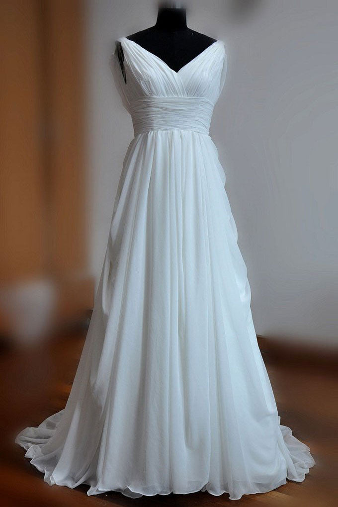 Simple White A-line Backless Sweep Chiffon Cheap Beach Wedding Dresses ...