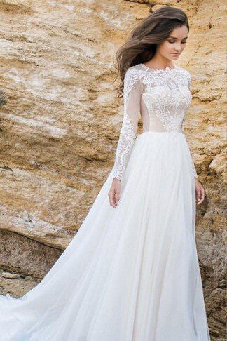 Elegant Lace Chiffon Aline Simple Long Sleeves Beach Wedding Dresses Plus Size Ok241