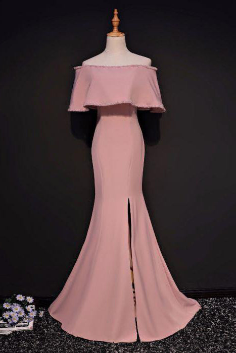 Trumpet Mermaid Off-the-shoulder Floor Length Pink Prom Dress Slit ...