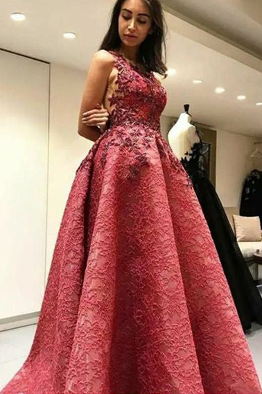 A-Line Round Neck Backless Sweep Train Lace Prom Dress with Appliques ...