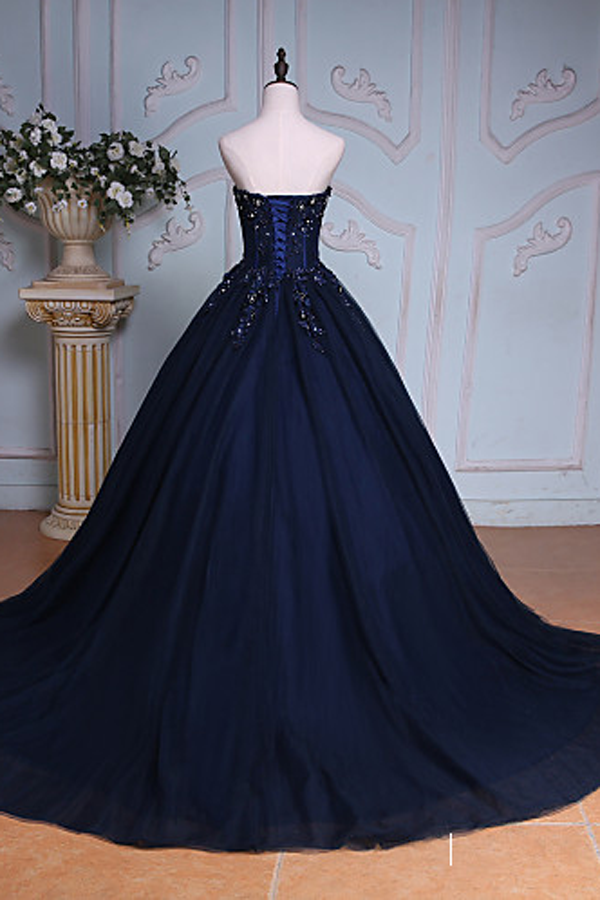 Navy Blue Ball Gown Court Train Sweetheart Appliques Prom Dress – Okdresses