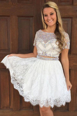 Two Piece A-Line Bateau Short Sleeves Lace Homecoming Dress Beading ...