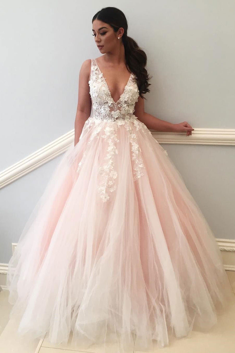 Lace Applique Pale Pink Ball Gown Long V Neck Tulle Evening Prom Dress Okdresses 1558