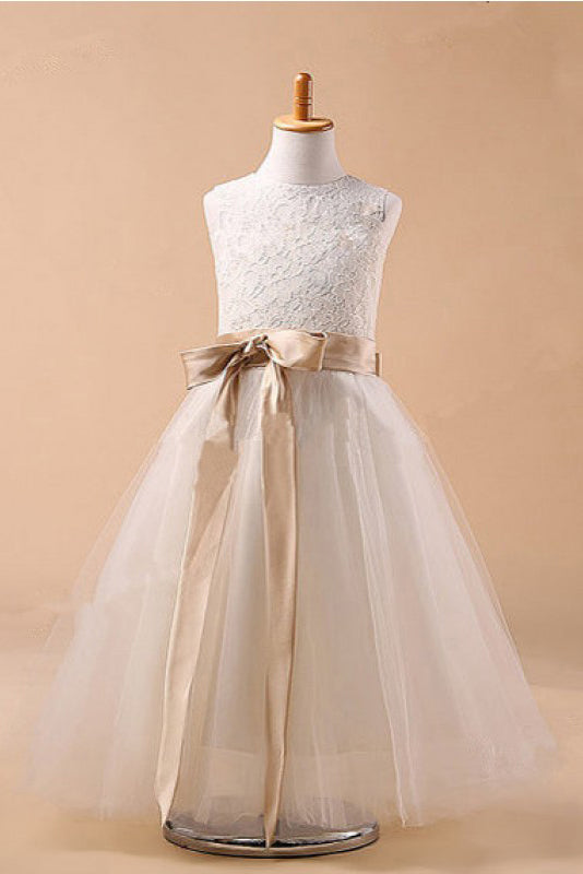 Ball Gown Jewel Bowknot Long Tulle Flower Girl Dresses With Sash ...