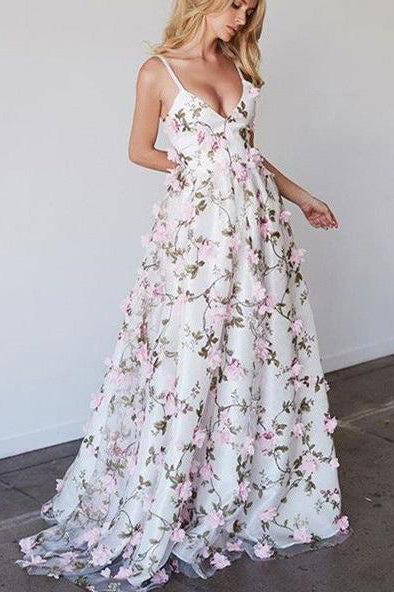 Princess A-line V-neck Straps Floral Lace Long Prom Dresses – Okdresses