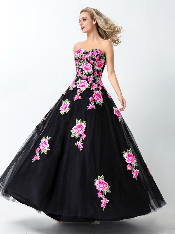 Black Sweetheart Flower Appliques Long A Line Tulle Prom Dresses ...