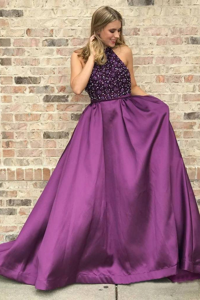 Halter Purple Long Satin Prom Dresses Beaded Junior Evening Gown 2019 ...