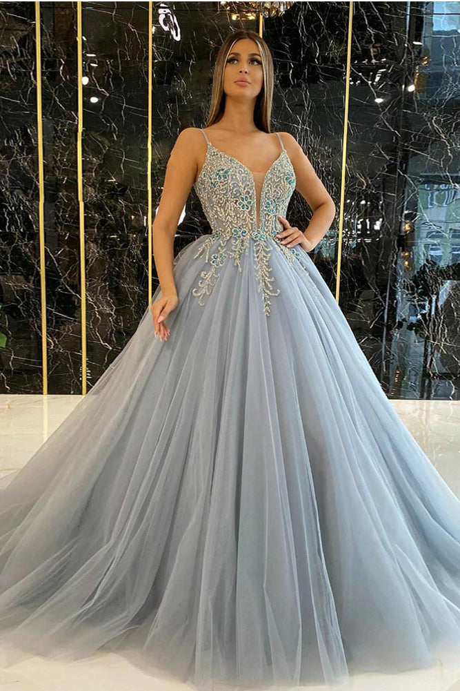 Dusty Blue Ball Gown Prom Dresses Long Spaghetti Straps Tulle Crystals ...