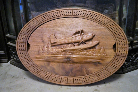 Custom Made Walnut Cribbage Board With Seaplane Lakehouse Carvings