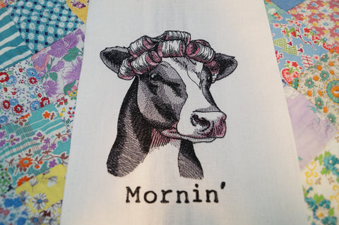 "Mornin" Cow Embroidered Tea Towel