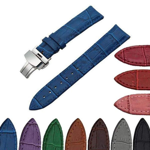19mm 20mm 21mm 22mm 23mm 24mm White / Red / Pink / Blue / Purple / Green / Brown / Grey / Black Leather Watch Strap with Deployant Clasp [11 Variations]